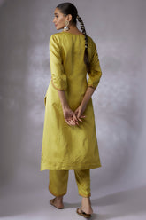 Lime green silk linen satin Embroidered Kurta Set